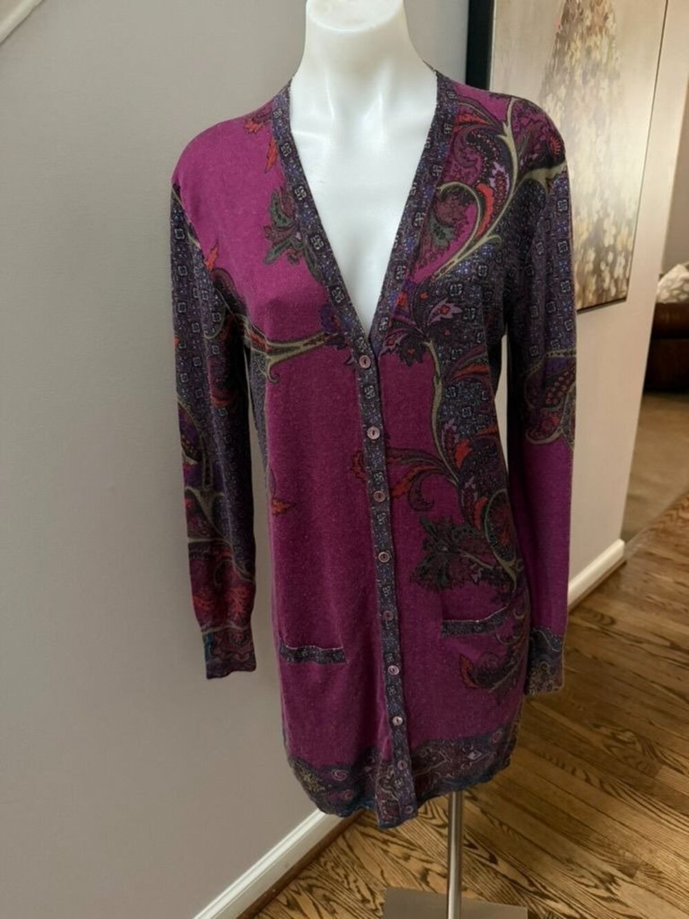 ETRO Cardigan Purple Paisley Silk Cashmere Long Sleeve 46